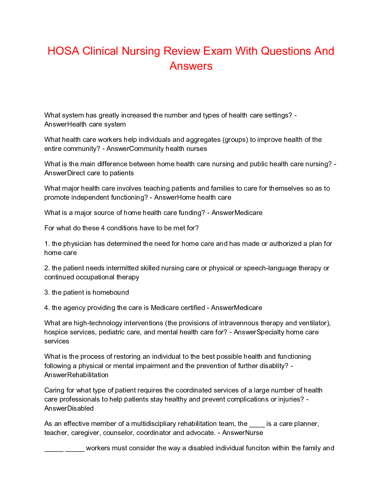 Preview of HOSA Clinical Nursing Review Exam With Questions And Answers